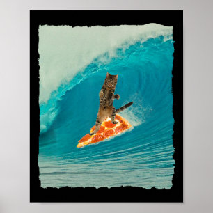 Póster Camiseta de gato surfista gatito montando una ola 