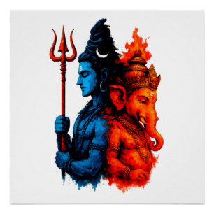 Póster Camiseta de la Dualidad Divina: Shiva Azul y Ganes