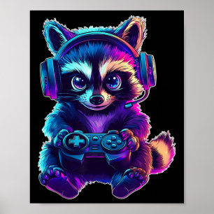 Póster Camiseta de mapache jugador divertida animal de vi