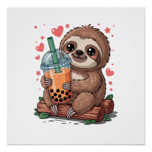 Póster Camiseta de perezoso Bubble Kawaii bebiendo té de 