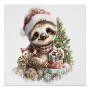 Póster Camiseta de perezoso sombrero de Santa Navidad