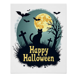 Póster Camiseta Feliz Halloween con Gato en Cementerio -