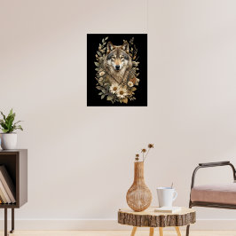 Póster Camiseta Floral de Lobo Majestuoso de la Naturalez