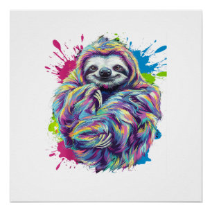 Póster Camiseta Gráfica Divertida de Perezoso Colorido y 