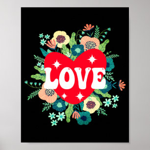 Póster Camiseta Retro Floral Corazón Amor Rojo Día de San