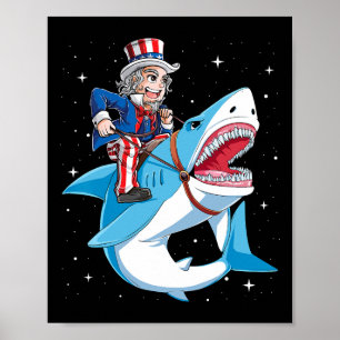 Póster Camiseta Tío Sam Montando Tiburón 4 De Julio Niños