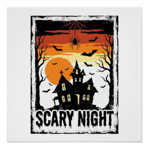 Póster Camiseta Vintage de Halloween Casa Embrujada Noche