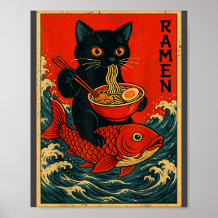 Póster Camisetas Gráficas Japonesas de Ramen Gato Negro p