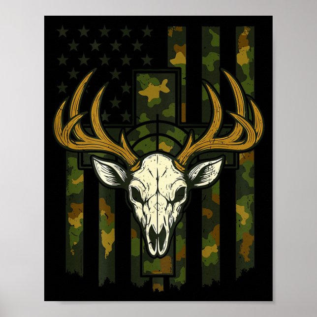 Póster Camo American Flag Elk Skull Deer Hunting Youth Bo (Frente)