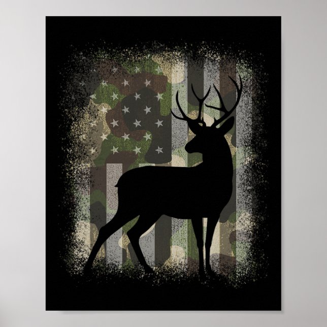 Póster Camo Us Flag Deer Elk Buck Caza Camuflaje (Frente)