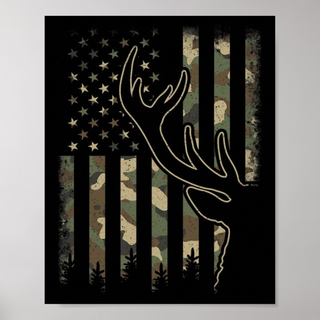 Póster Camo Us Flag Elk Buck Camouflage Caza de venados (Frente)