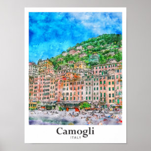 Póster Camogli Italia Trae mano de color de agua de viaje