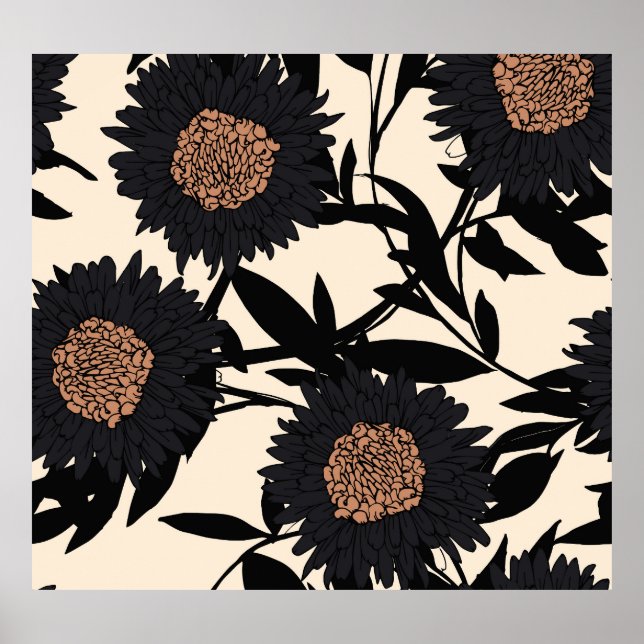 Póster Camomile negro, gerbera: fondo crema. (Frente)