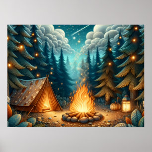 Póster Campamento nocturno en el bosque