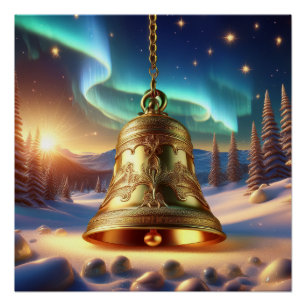 Póster Campana de Navidad Dorada Escena Invernal Nevada B