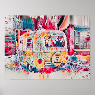 Póster Camper retro viaje por carretera a la felicidad