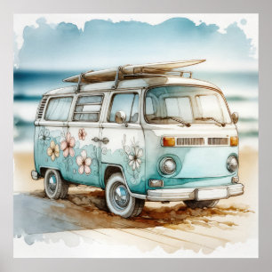 Póster Campervan Retro con flores hippie y tabla de surf