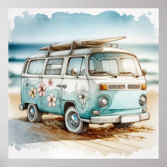 Póster Campervan Retro con flores hippie y tabla de surf (Frente)
