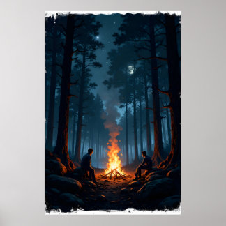 Póster Campfire under a starry night sky in the serene 