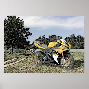 Póster Campiña Mezzotint y motocicleta amarilla