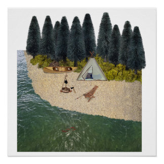 Póster Camping de carpas a orillas del río