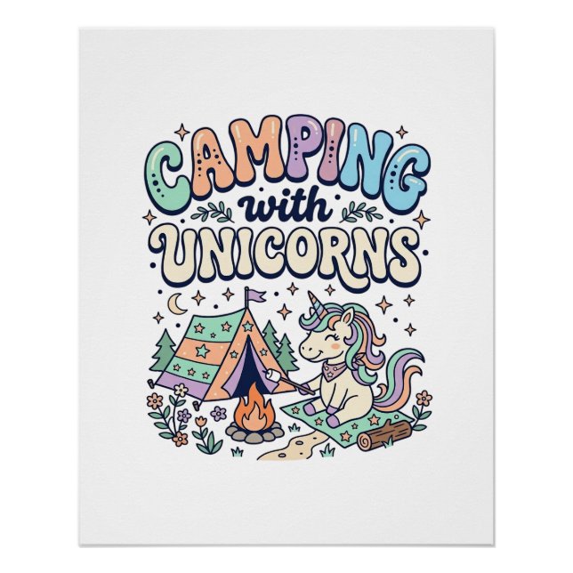 Póster Camping de Unicornios con Sticker Kawaii de Unicor (Anverso)