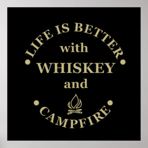 Póster camping divertido y whisky diciendo