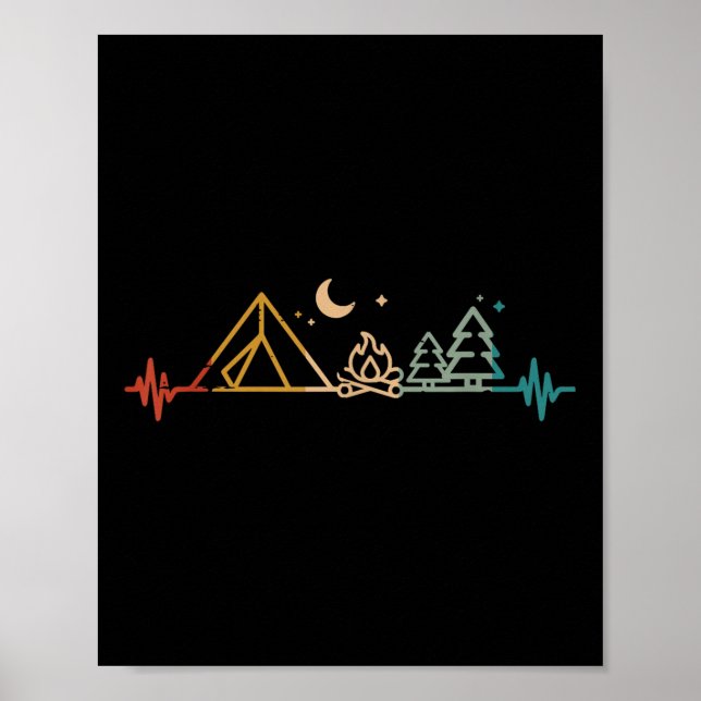 Póster Camping Heartbeat Tent Campfire Trees Camper Men W (Frente)
