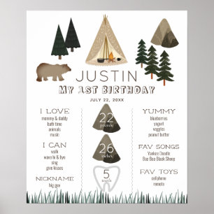 Póster Camping Tent Bear Boy Primer hito de cumpleaños