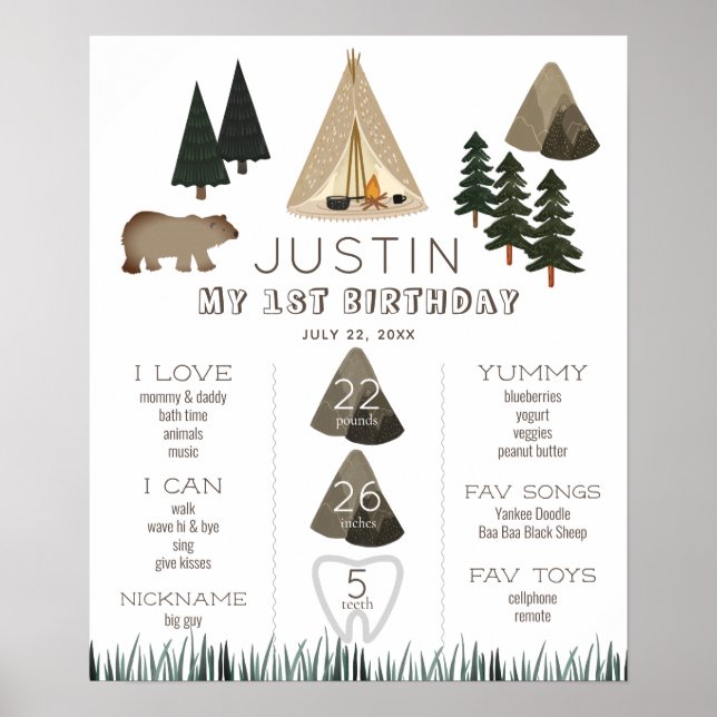 Póster Camping Tent Bear Boy Primer hito de cumpleaños (Frente)