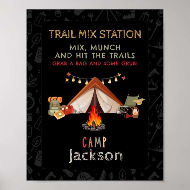 Póster Camping Trail Mix Station Rótulo de fiesta de cump (Frente)