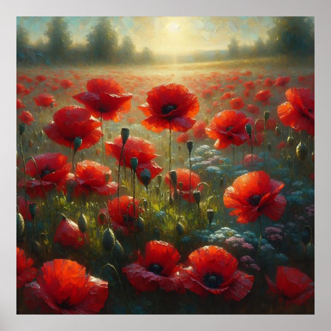 Póster Campo de adormidera roja bonito en verano (Frente)