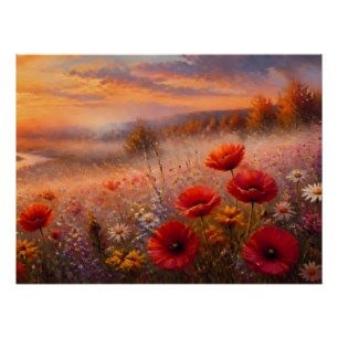 Póster Campo de amapolas al atardecer pintura impresionis