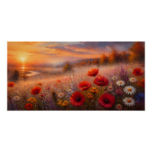 Póster Campo de amapolas al atardecer pintura impresionis