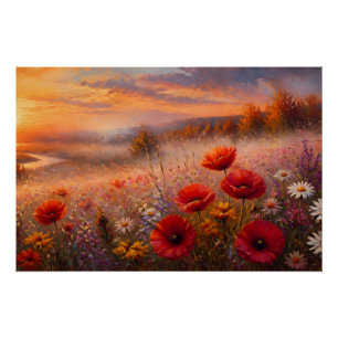 Póster Campo de amapolas al atardecer pintura impresionis