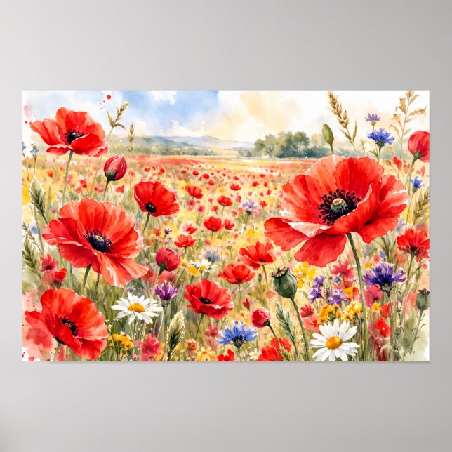 Póster Campo de amapolas - Amapola acuarela (Frente)