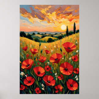 Póster Campo de amapolas rojas pintura al óleo