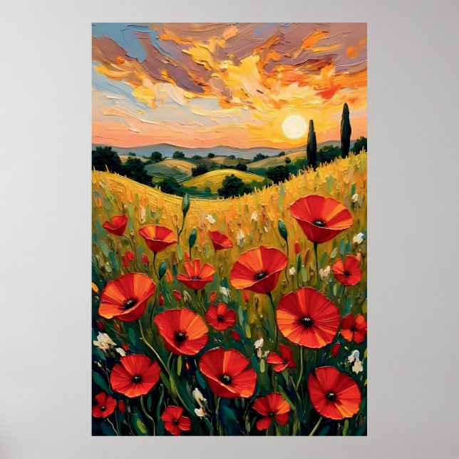 Póster Campo de amapolas rojas pintura al óleo (Frente)