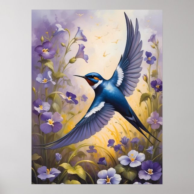 Póster Campo de barbecho volador de flores violetas (Frente)