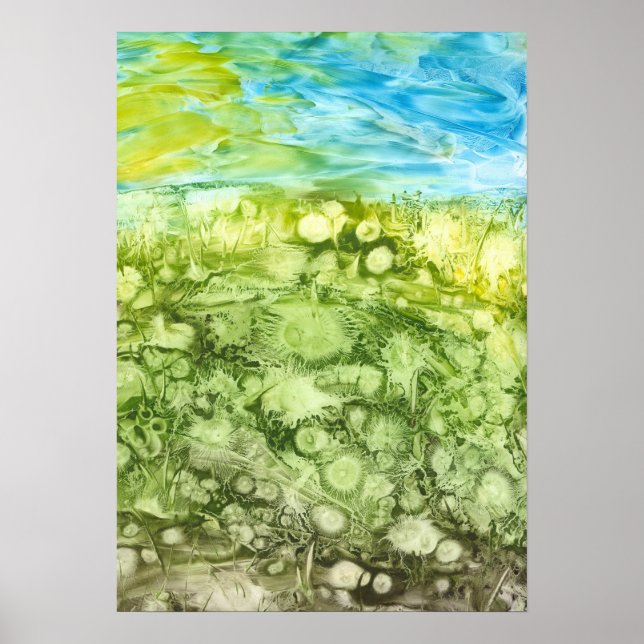 Póster Campo de Dandelias Pintado a Mano y Cielo Azul (Frente)