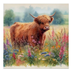 Póster Campo de flor silvestre Highland Cow Watercolor