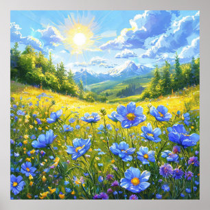 Póster Campo de flores azules