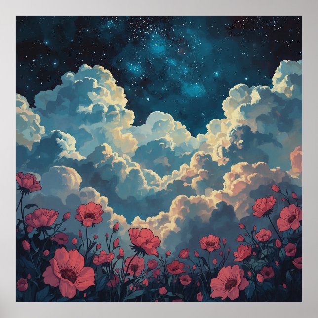 Póster Campo de flores con nube (Frente)