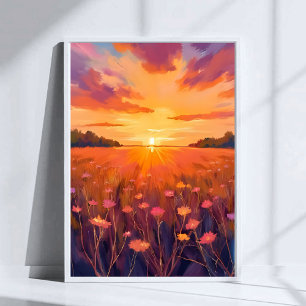 Póster Campo de flores de la hora dorada acuarela puesta 