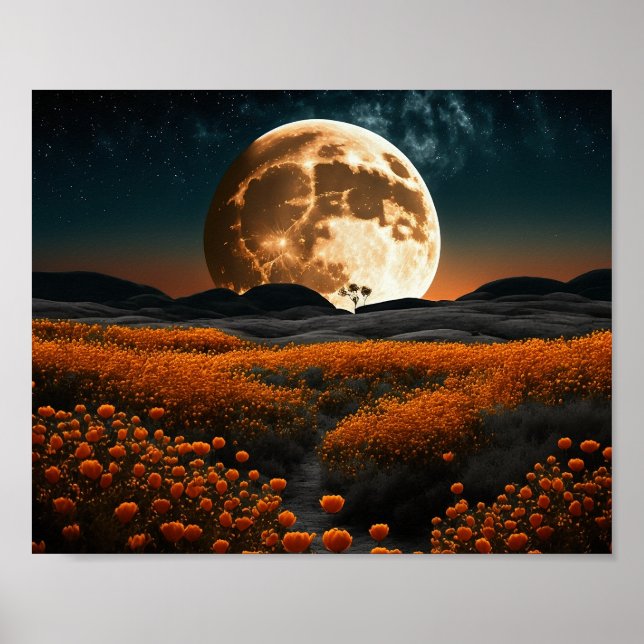 Póster Campo de flores de Naranja de la luna llena (Frente)