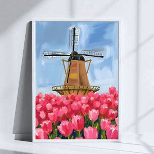 Póster Campo de flores de tulipanes de molino de viento h