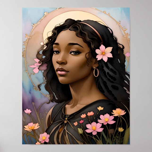 Póster Campo de flores Mujer hermosa flores en el pelo (Frente)