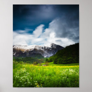 Póster Campo de flores primaveral bajo la montaña Krn