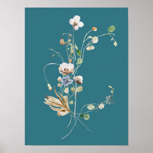 Póster Campo de flores silvestres azules cian acuarela (Frente)