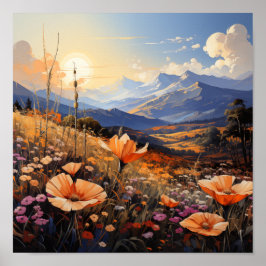 Póster Campo de flores silvestres Golden Horizon y montañ